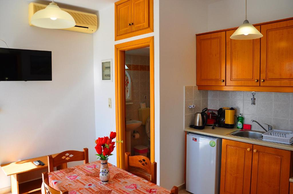 a kitchen with a table with a vase of flowers on it at Lagos Studios & Apartments in Palekastron