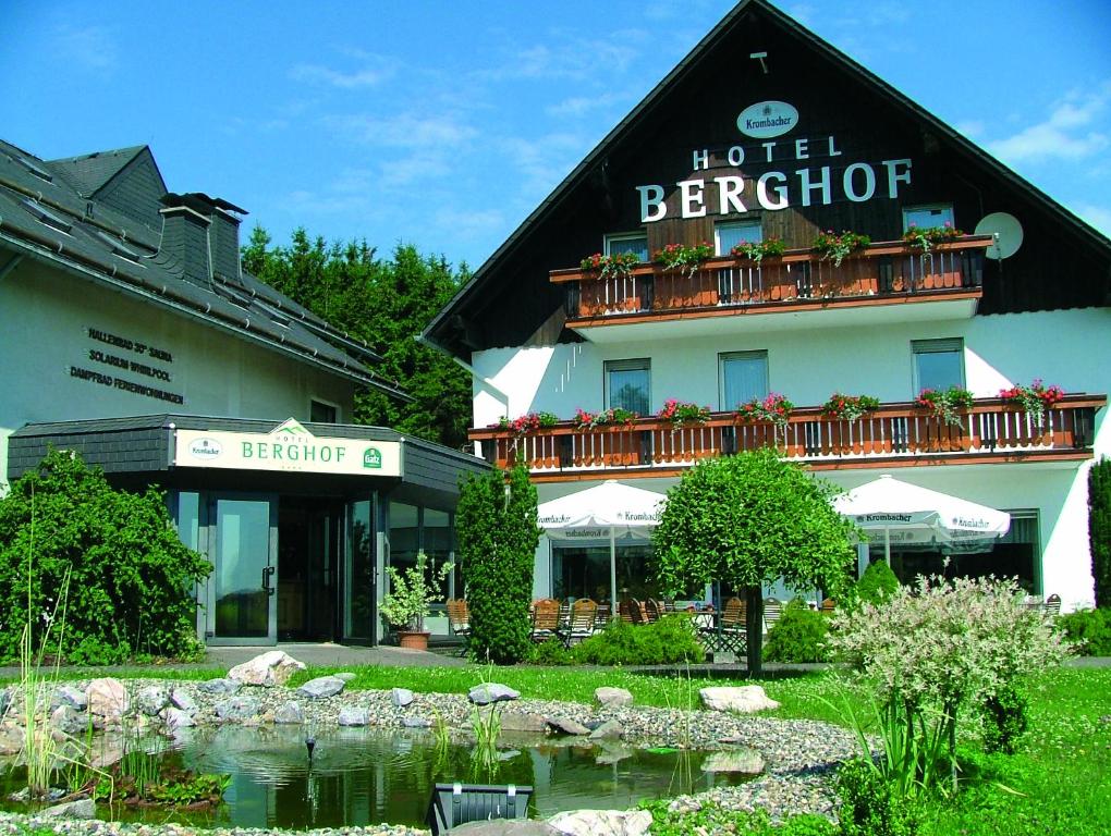 un hôtel avec un étang en face d'un bâtiment dans l'établissement Hotel Berghof, à Willingen