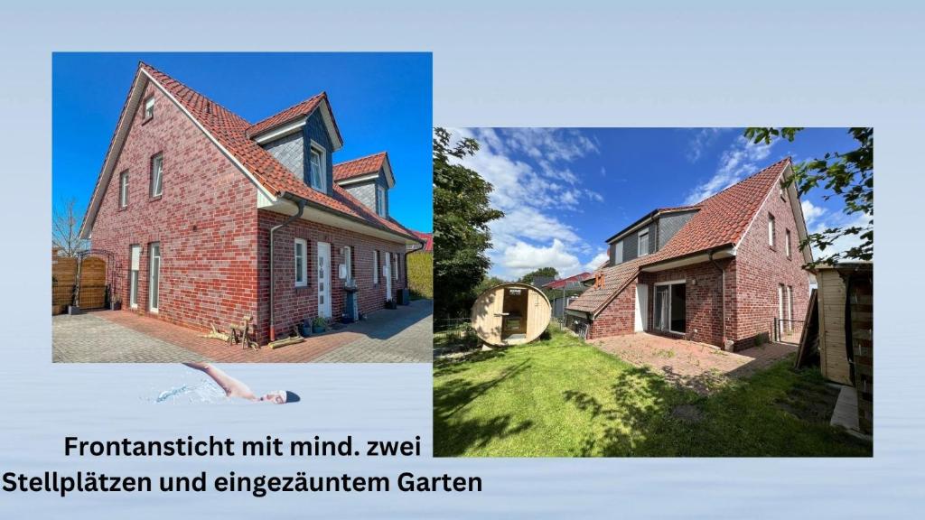 duas fotos de uma casa de tijolos e uma casa antiga em Annalena´s Ferienhaus Hooksiel em Wangerland