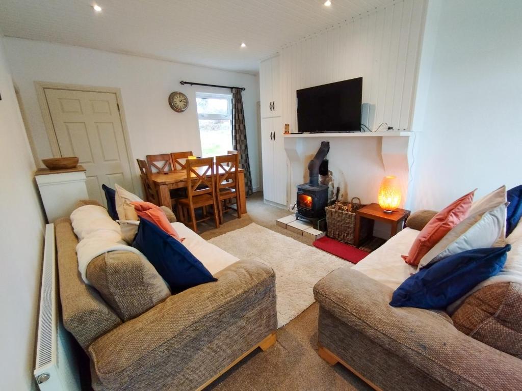 a living room with two couches and a television at Cosy Cottage by the Sea in Galway