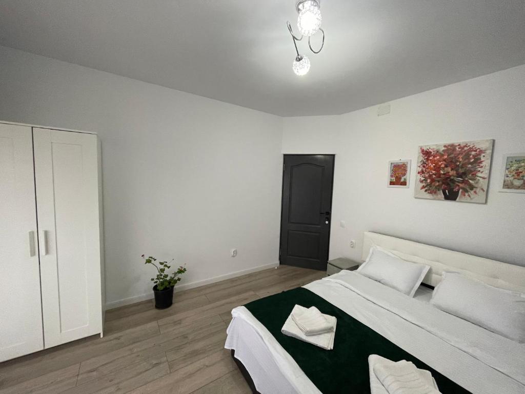 sypialnia z dużym łóżkiem z czarnymi drzwiami w obiekcie Cabana Panorama Piscului Valea Doftanei w mieście Teşila
