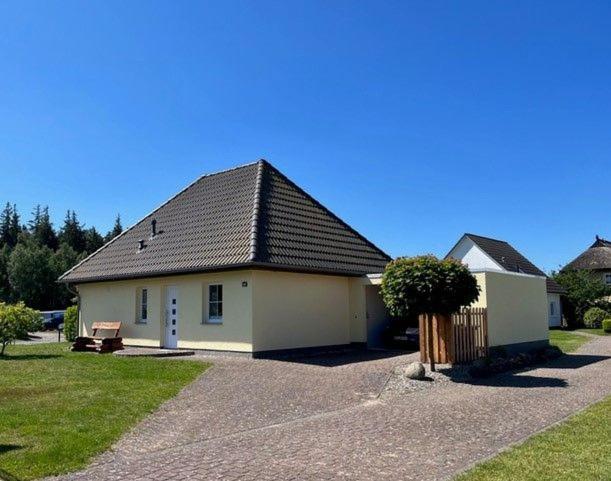 a small white house with a black roof at Haus am NSG Baaber Heide in Baabe