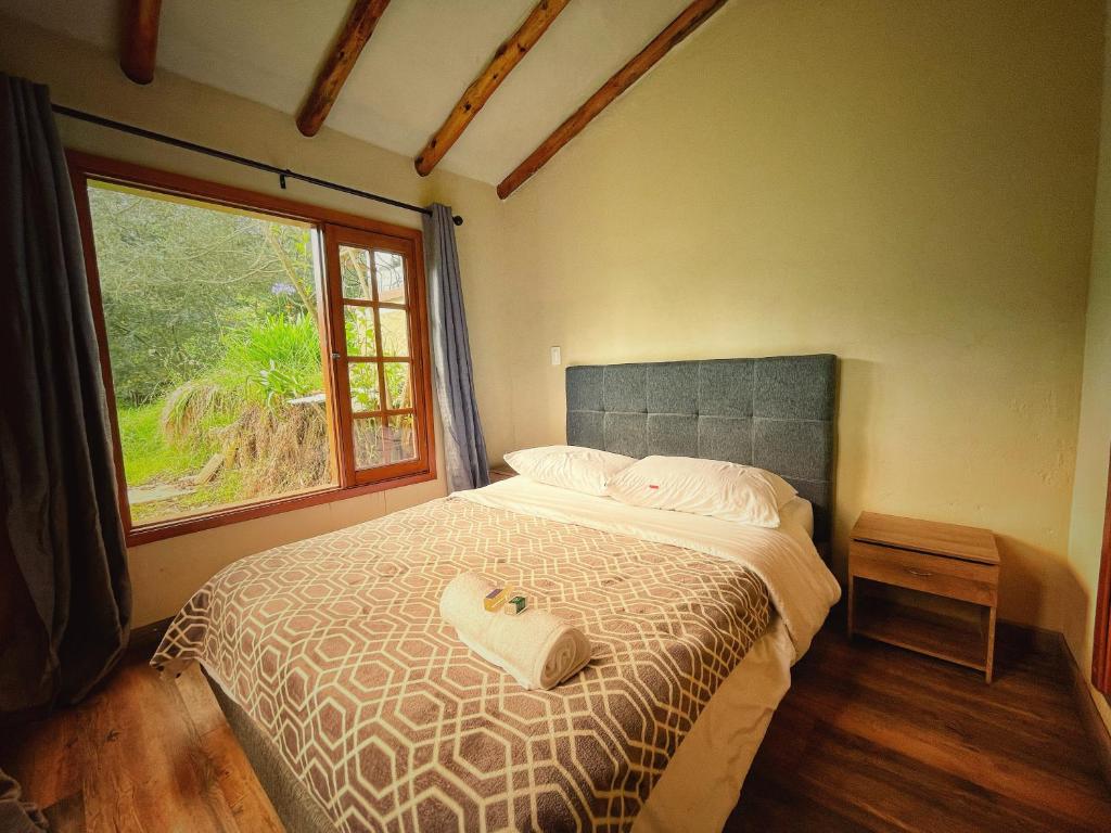 a bedroom with a bed with a large window at The Naked House - Hotel Nudista in Nemocón