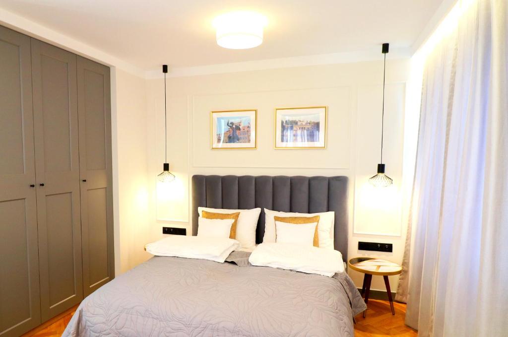 1 dormitorio con 1 cama grande y 2 almohadas en Falcon Apartment Center 1 Warszawa Centralna, en Varsovia