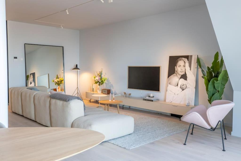 Una sala de estar con un sofá y un televisor de pantalla plana. en The Loft - Full Sea View - use of hotels Sauna and Pool, en Cadzand