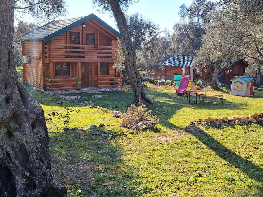 una baita di tronchi con un tavolo da picnic e un albero di Olive & sea, Luxury two bedrooms cabin for 8 a Ulcinj