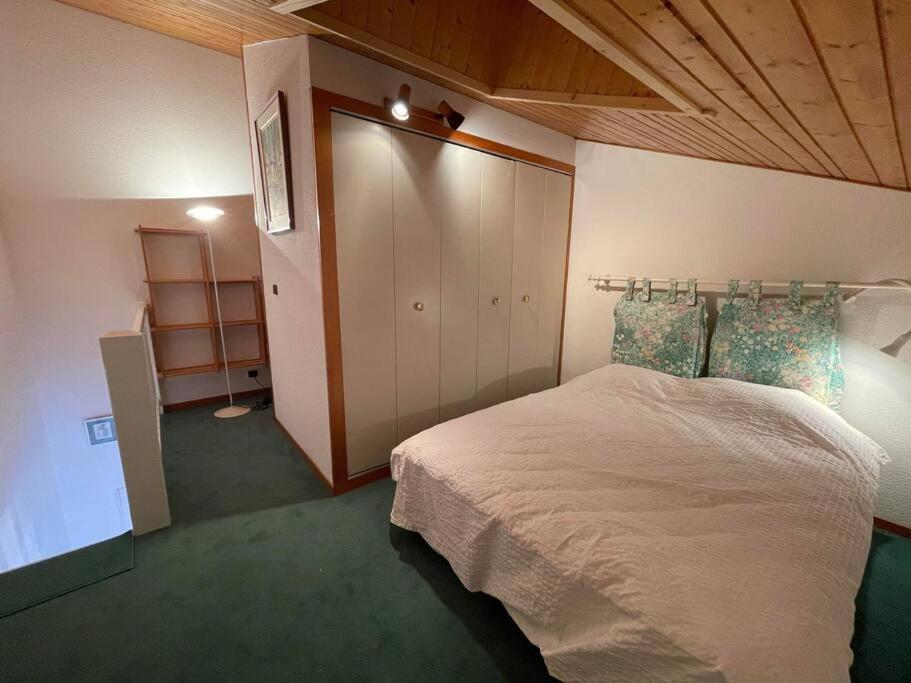 sypialnia z dużym łóżkiem w pokoju w obiekcie Appartement duplex avec vue sur le domaine skiable w mieście Le Grand-Bornand