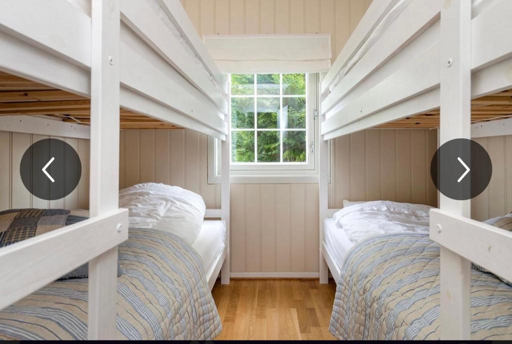 2 stapelbedden in een slaapkamer met een raam bij Strandhytte ved fjorden in Molde