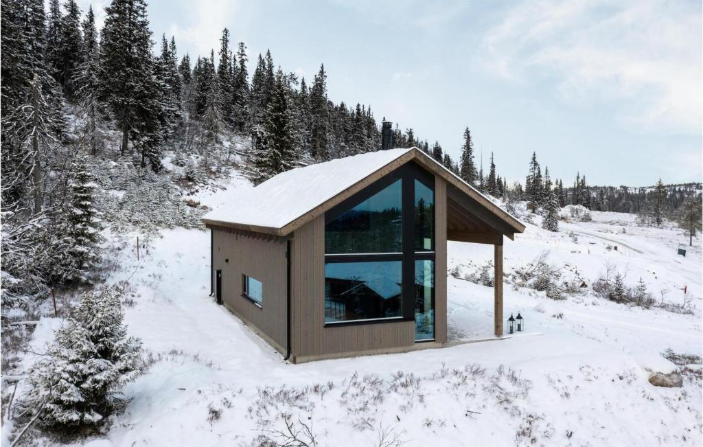 Cabaña pequeña con ventana grande en la nieve en Cozy Home In B I Telemark With Sauna en Lifjell