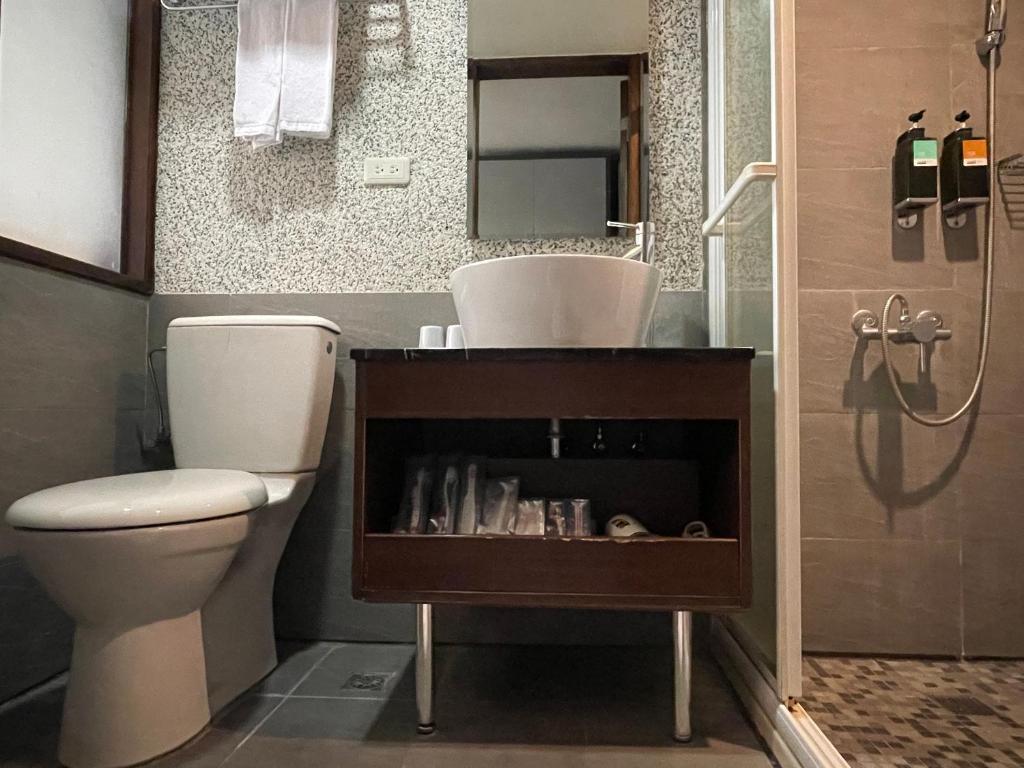 a bathroom with a toilet and a sink and a shower at The Galerie Hotel in Taichung
