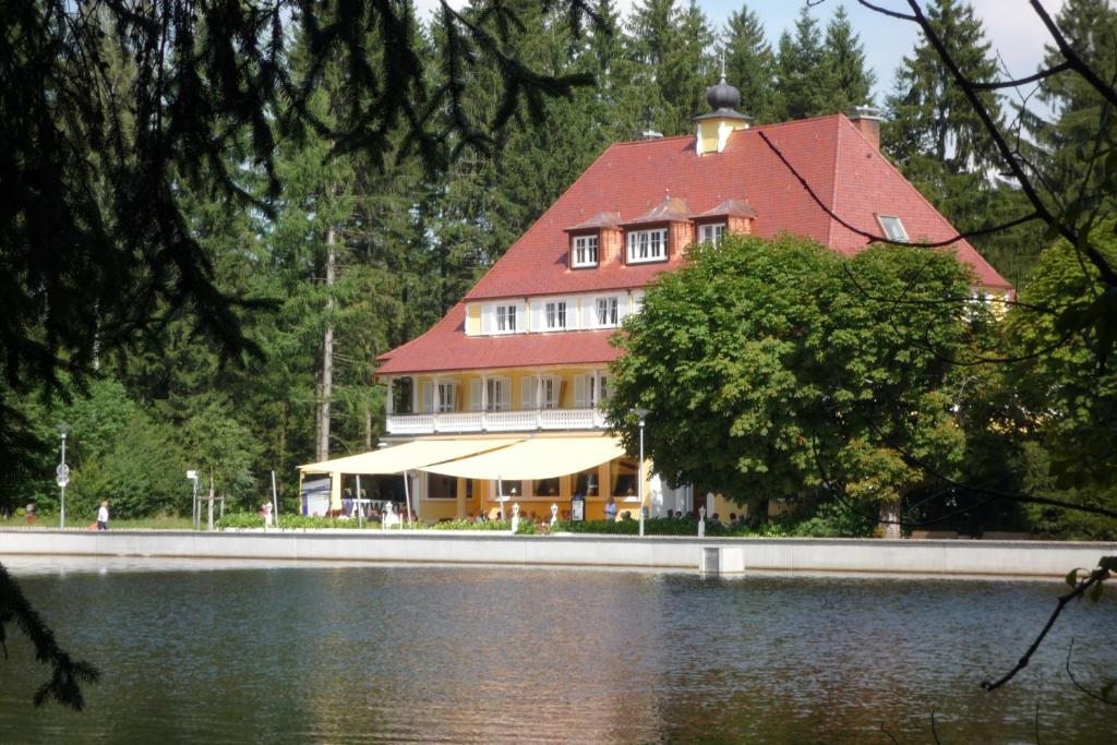 ein großes Haus mit rotem Dach neben einem See in der Unterkunft Hotel Waldsee in Lindenberg im Allgäu