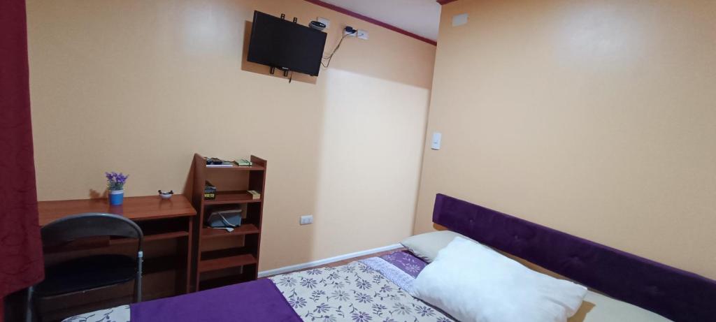 Cette chambre comprend un lit et un bureau. dans l'établissement Bosque Valdiviano Apartment, à Valdivia