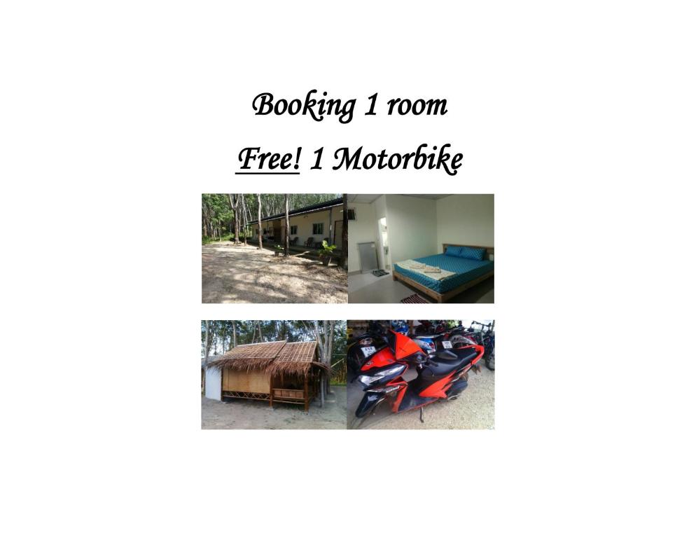 a collage of photos of a motorcycle and a room at Pitt Bungalow in Ko Lanta