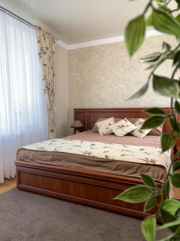 a bedroom with a bed with a wooden frame at Центр (6). Поруч Став та Парк in Ternopilʼ