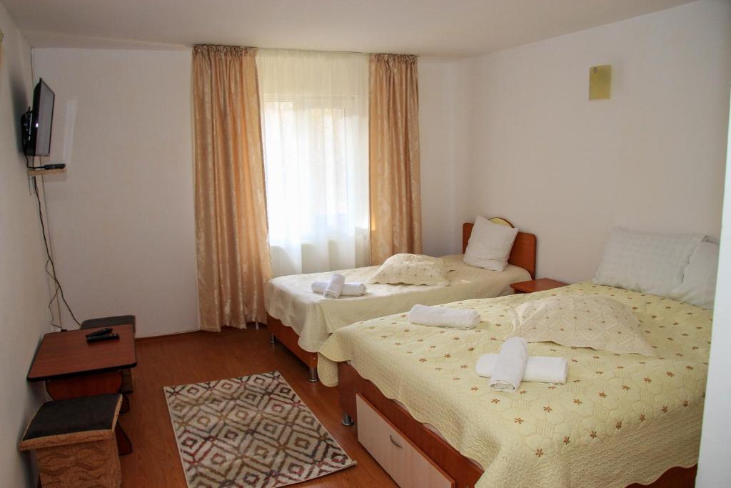 a hotel room with two beds and a window at PENSIUNEA HARTAGU in Baile Siriu