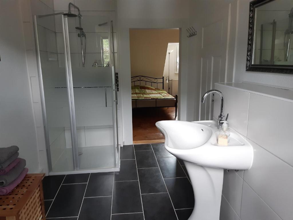 a bathroom with a white sink and a shower at Gemütliche Fewo am Felsenwanderweg in Rodalben