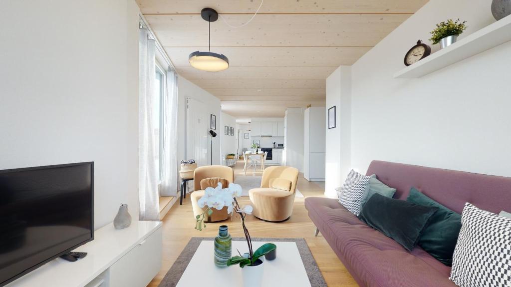 uma sala de estar com um sofá roxo e uma televisão em Magnificent modern apartments in the city center em La Chaux-de-Fonds
