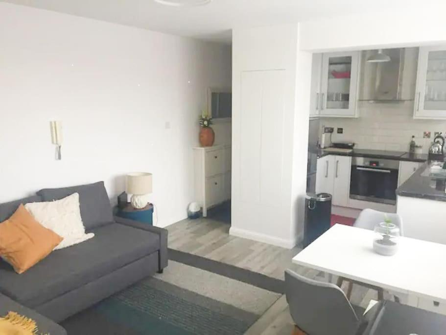 a living room with a couch and a kitchen at Cosy studio flat, great location! in London