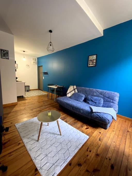 a living room with a couch and a blue wall at Gap - Joli studio en plein centre-ville in Gap