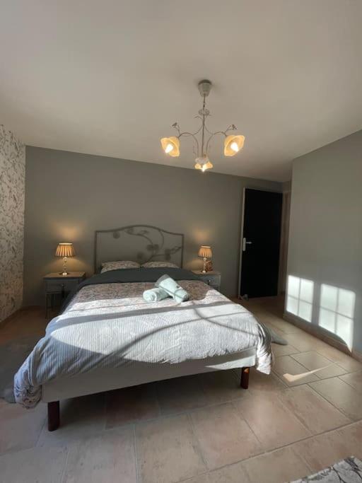 a bedroom with a bed and two tables and two lamps at L’Eden de JoLéo : votre cocon d’amour in Perthes