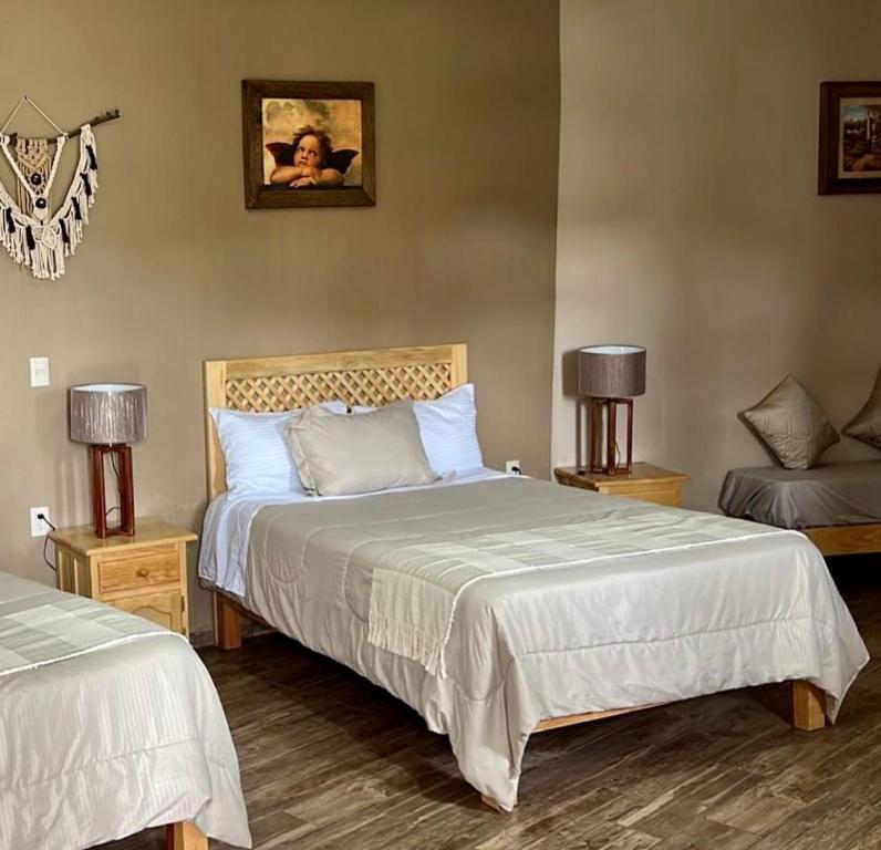 1 dormitorio con 2 camas y 2 lámparas en Hotel Casa Francisca Mazamitla. en Mazamitla