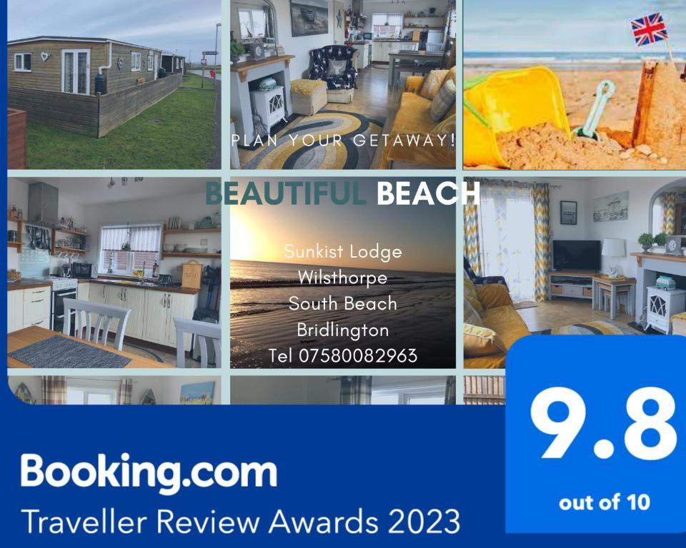 een collage van foto's van een strandhuis bij SunKist Lodge in Bridlington