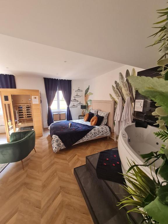 a living room with a bed and a tub at Escapade Mâconnaise Spa-Sauna-Ciel de pluie tropicale-Champagne Nuit Romantique in Mâcon