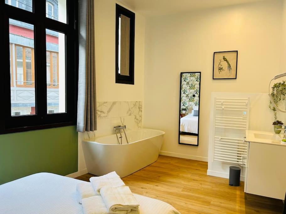 uma casa de banho com uma banheira, uma cama e um lavatório. em Magnifique Appartement l'Aigrette em Dieppe