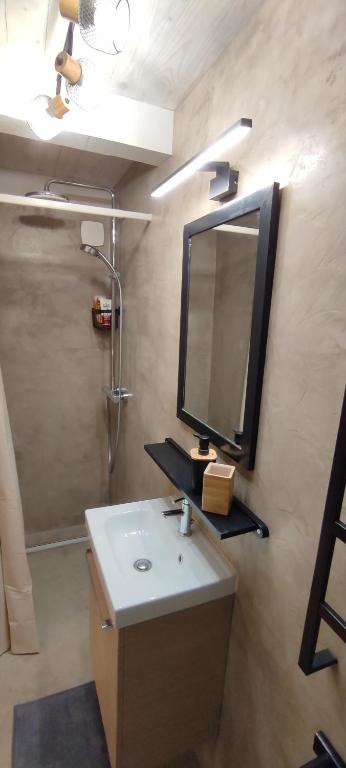 a bathroom with a sink and a mirror on the wall at Chill Out Cabanon Coeur Calanques in Marseille