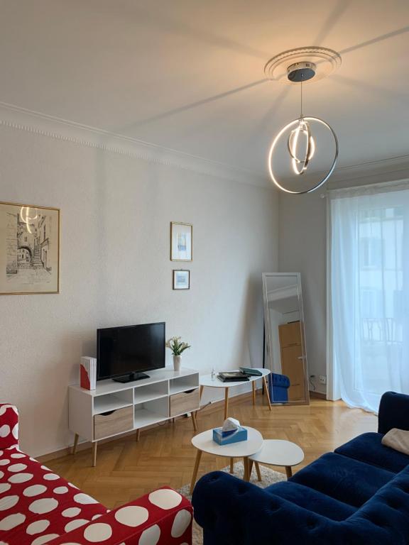 uma sala de estar com um sofá azul e uma televisão em Cosy apparemment em Lausanne