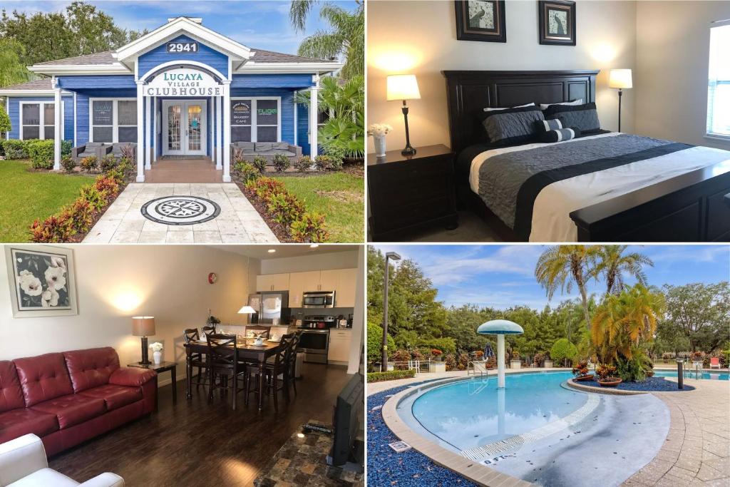 a collage of pictures of a house with a pool at 3 Bedrooms 2 Bathrooms Lucaya Village 22-103 in Orlando