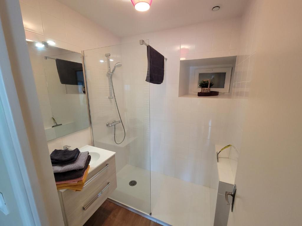 biała łazienka z prysznicem i umywalką w obiekcie Petite maison 40M² à PAIMPONT (35) w mieście Paimpont
