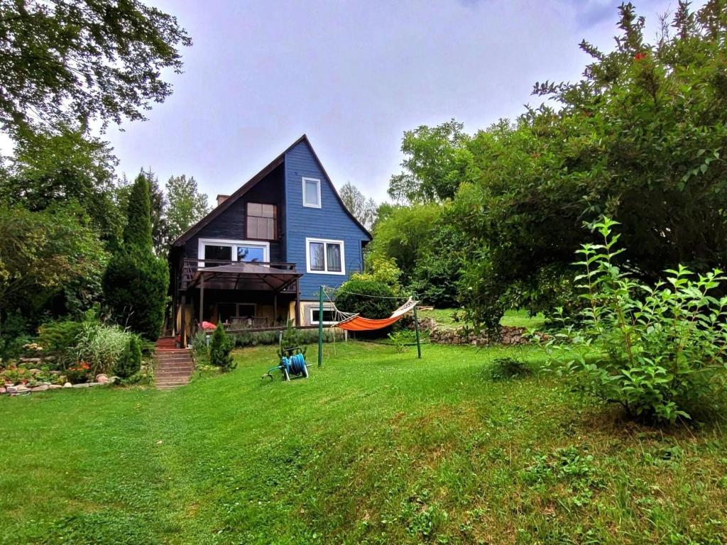 een blauw huis met een hangmat in een tuin bij Holiday home right on the lake, Florczaki in Florczaki