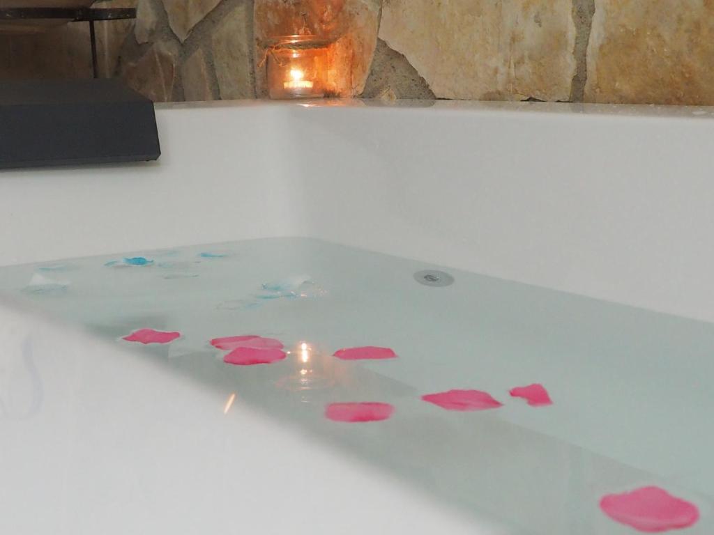 a bath tub filled with pink petals floating on top at Casa Carrasquillas in Cañada del Hoyo