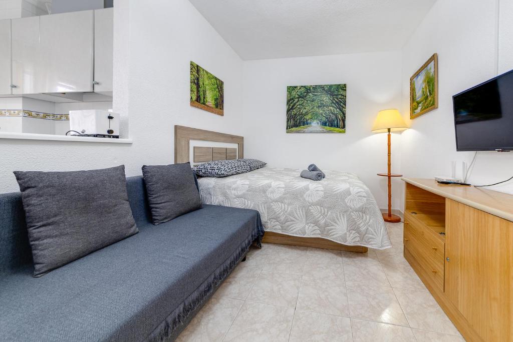 uma sala de estar com um sofá e uma televisão de ecrã plano em Studio RELAX playa del Cura, Felix Rodriguez 3 em Torrevieja