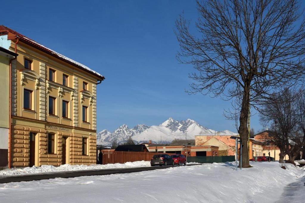 eine schneebedeckte Straße neben einem Gebäude mit Bergen im Hintergrund in der Unterkunft Penzión Víchrica in Veľká Lomnica