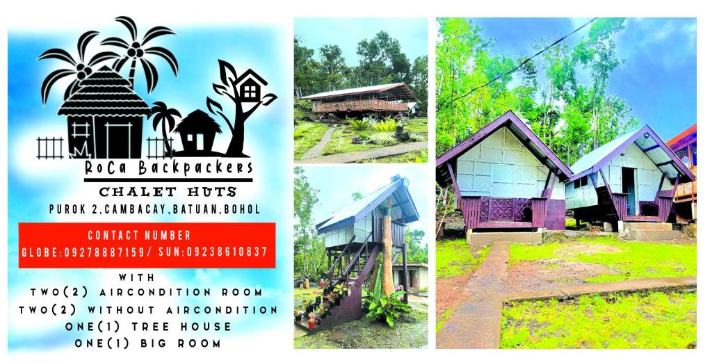 a collage of four pictures of a house at Roca's Homestay Backpackers Chalet in Batuan