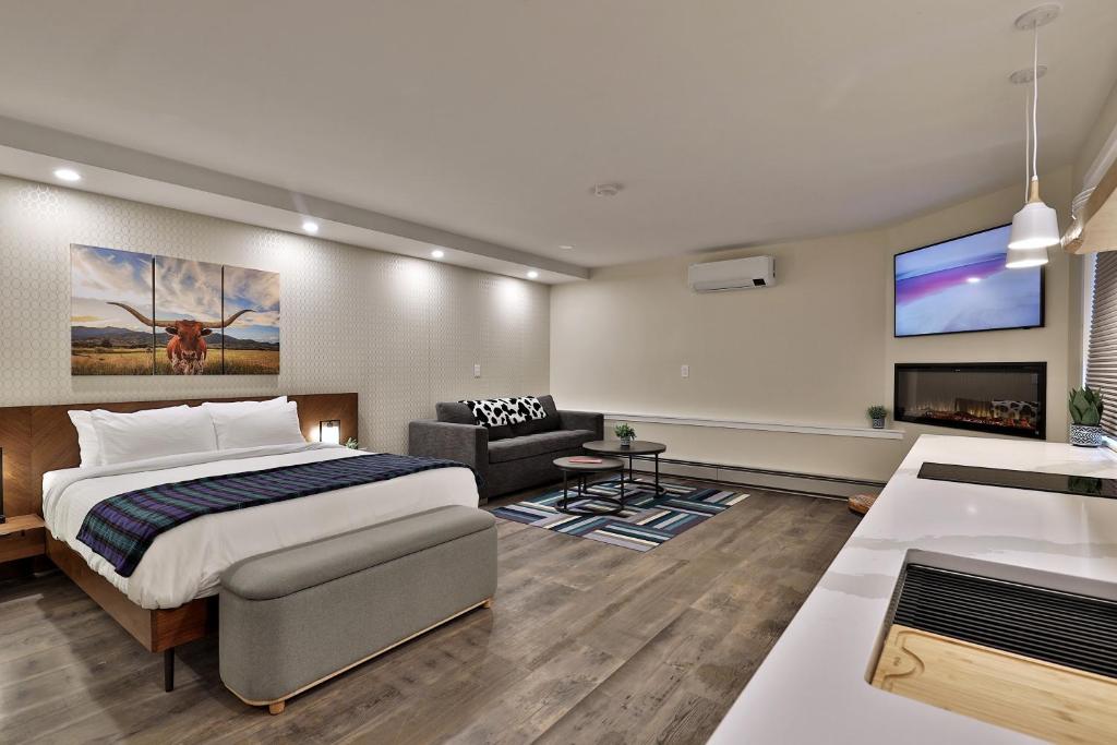 a bedroom with a bed and a couch and a tv at NEW Killington Studio with Kitchenette, WiFi, TV, Fireplace, Close to Resort on the Shuttle Route, 213 condo in Killington