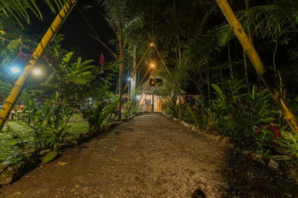 a pathway leading to a house at night at Hostal El Nawal in Lanquín