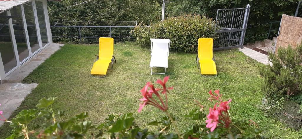 un jardín con bancos amarillos y blancos en un patio en Da Nonno Vittorio, en Vescina