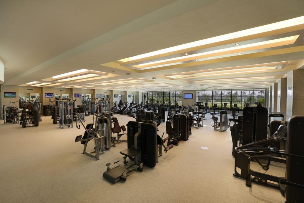 a gym with a lot of treadmills and machines at ERTH Abu Dhabi Hotel in Abu Dhabi