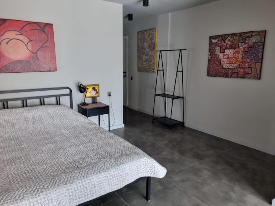 um quarto com uma cama e pinturas na parede em Art Studio Park View 53 em Baku