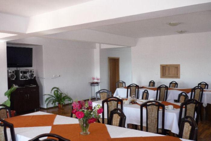 een eetkamer met een tafel en stoelen met bloemen erop bij Pensiunea Cristiana - Murighiol in Murighiol