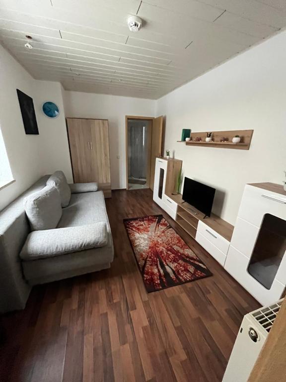 salon z kanapą i telewizorem w obiekcie Bergblick 2 w mieście Masserberg
