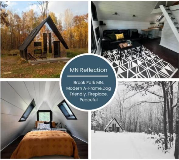 a collage of pictures of a house and a room at Modern A Frame in the woods. Pet friendly in Brook Park