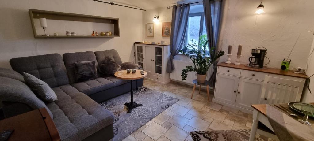 ein Wohnzimmer mit einem Sofa und einem Tisch in der Unterkunft Monteur-Ferienwohnung OT Naundorf in Naundorf