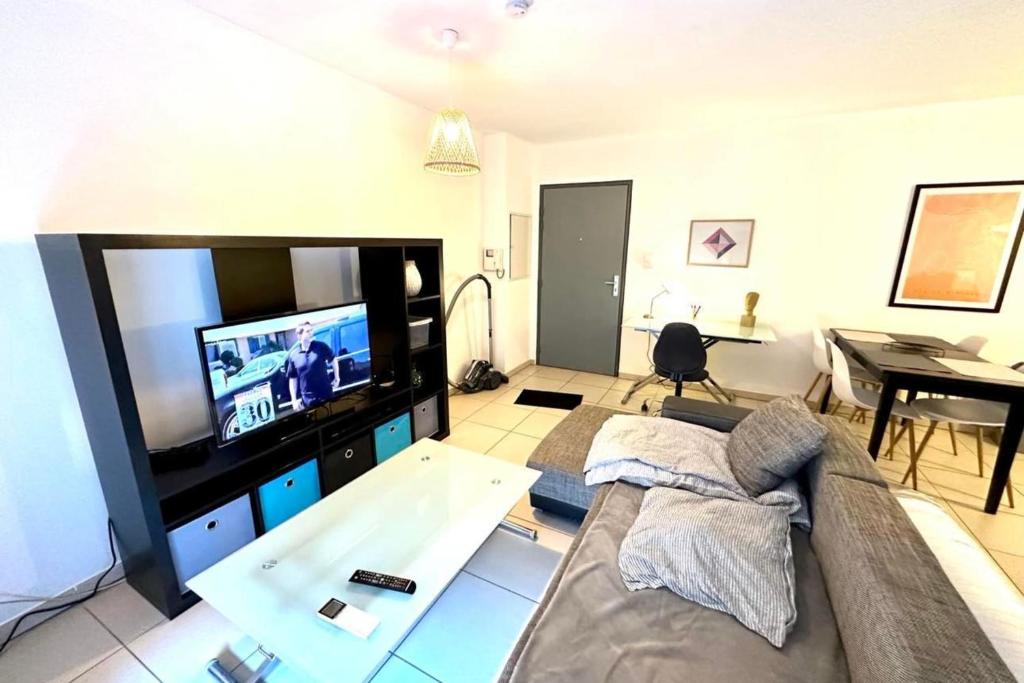 a living room with a couch and a flat screen tv at Charming 45m in Sarrola carcopino in Sarrola-Carcopino