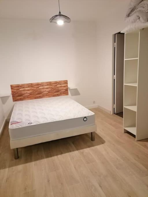 a bedroom with a bed in a room with shelves at Grand studio indépendant in Saint-Paul-lès-Dax