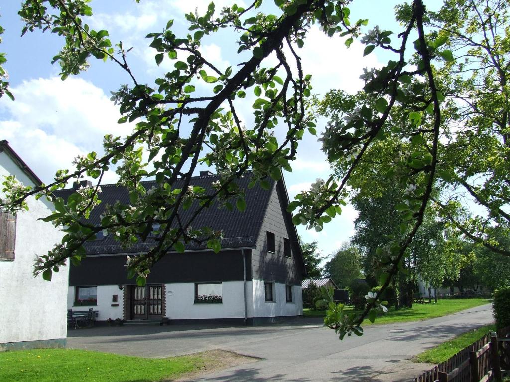 a black and white house with a tree at Gästehaus Jütten in Hellenthal