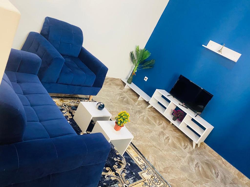 a blue living room with a blue couch and a tv at RESIDENCE EL HADJI in Dakar